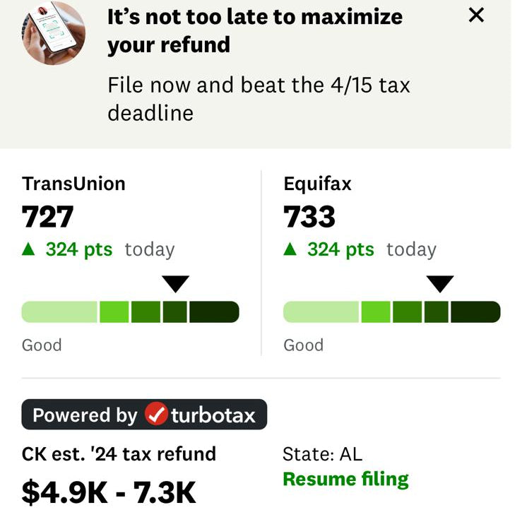 Financial app screen showing TransUnion and Equifax scores with a TurboTax ad.